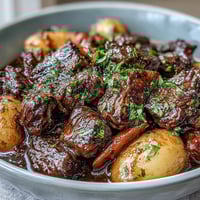 A steaming bowl of cozy beef stew with tender beef and root vegetables in a savory broth, perfect for a comforting family dinner.
