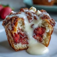 Golden strawberry muffins with white chocolate chips, fresh and juicy, perfect for a sweet breakfast treat.