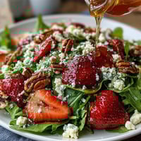 Vibrant strawberry arugula salad with creamy goat cheese, toasted pecans, and tangy balsamic glaze—perfect for spring dinner parties.