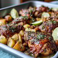 Sheet pan herb chicken with root veggies sizzling golden, herbs infusing every bite for a comforting, rustic dinner.