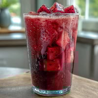 A vibrant mango dragonfruit refresher with tropical fruit and citrus, served over ice in a clear glass.