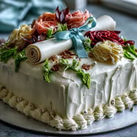 Festive sheet cake topped with buttercream roses and an edible diploma, perfect for graduation celebrations.  