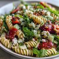 Fresh spring pasta salad with juicy strawberries, creamy feta, and peppery arugula, perfect for a light lunch or picnic.  
