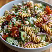Vibrant summer pasta salad with cherry tomatoes, cucumbers, and Italian dressing, perfect for picnics and potlucks.  