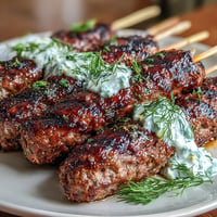 Grilled lamb kofta skewers seasoned with cumin and coriander, served with creamy tzatziki sauce.  