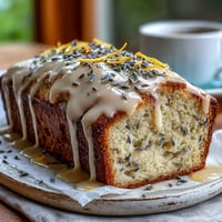 Moist lemon lavender loaf cake topped with a golden honey glaze, perfect for spring gatherings or afternoon tea.  
