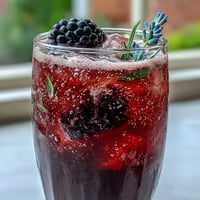 A vibrant glass of blackberry lavender lemonade fizz with sparkling bubbles and fresh berry garnish.
