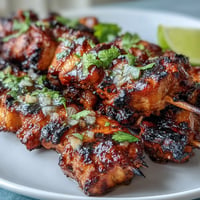 Grilled chicken al pastor skewers with juicy pineapple chunks sizzling on the barbecue.  