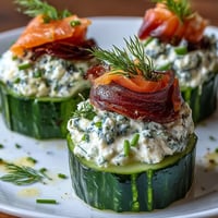 Smoked Salmon Cucumber Bites with creamy herbed cheese on crisp cucumber rounds for a light, elegant appetizer.  