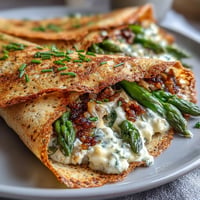 Fresh spring buckwheat crepes filled with seasonal vegetables and creamy herbed cheese, perfect for brunch.  