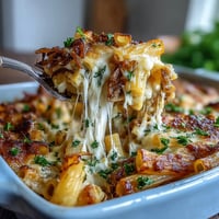 Creamy French Onion Pasta Bake with caramelized onions and golden Gruyère cheese baked to perfection.  