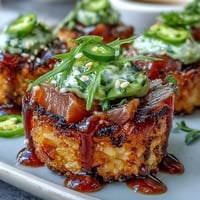 Golden crispy rice topped with vibrant spicy tuna and fresh avocado bites.