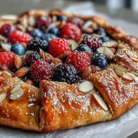 Golden Summer Berry Galette with almond crust, brimming with juicy fruit.