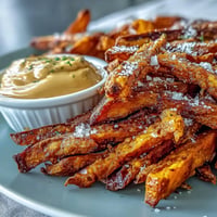 Golden air fryer sweet potato fries with creamy chipotle aioli dip.